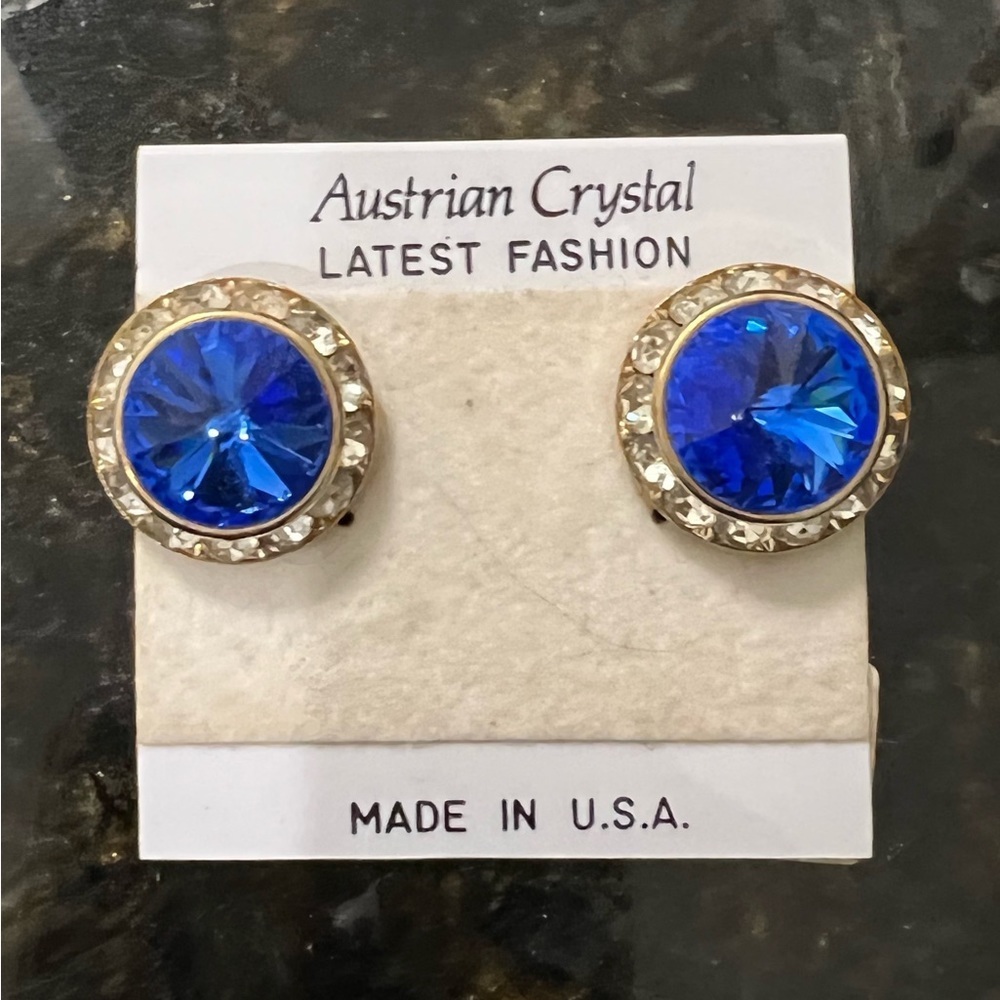 Earrings Austrian Crystal Ear‎ Blue Round Sparkle Vintage 90s Maximalist Y2K